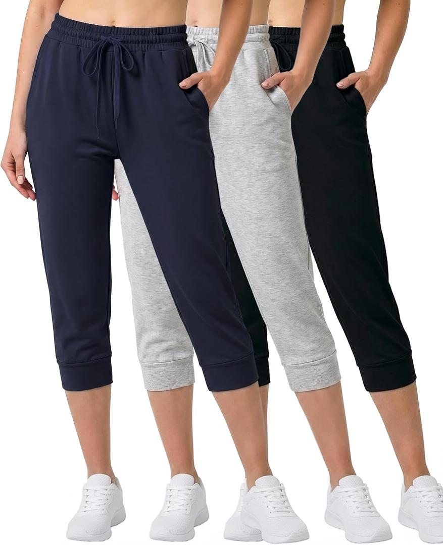 Real Essentials 3-Pack: Women's Ultra Soft Lounge Capri Joggers Sweatpants Athletic Yoga with Pockets Standard, Medium, Set 10