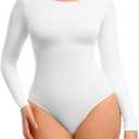 FeelinGirl Tummy Control Bodysuit for Women Long Sleeve Shapewear Thong Body Suit (X-Large-XX-Large, White)