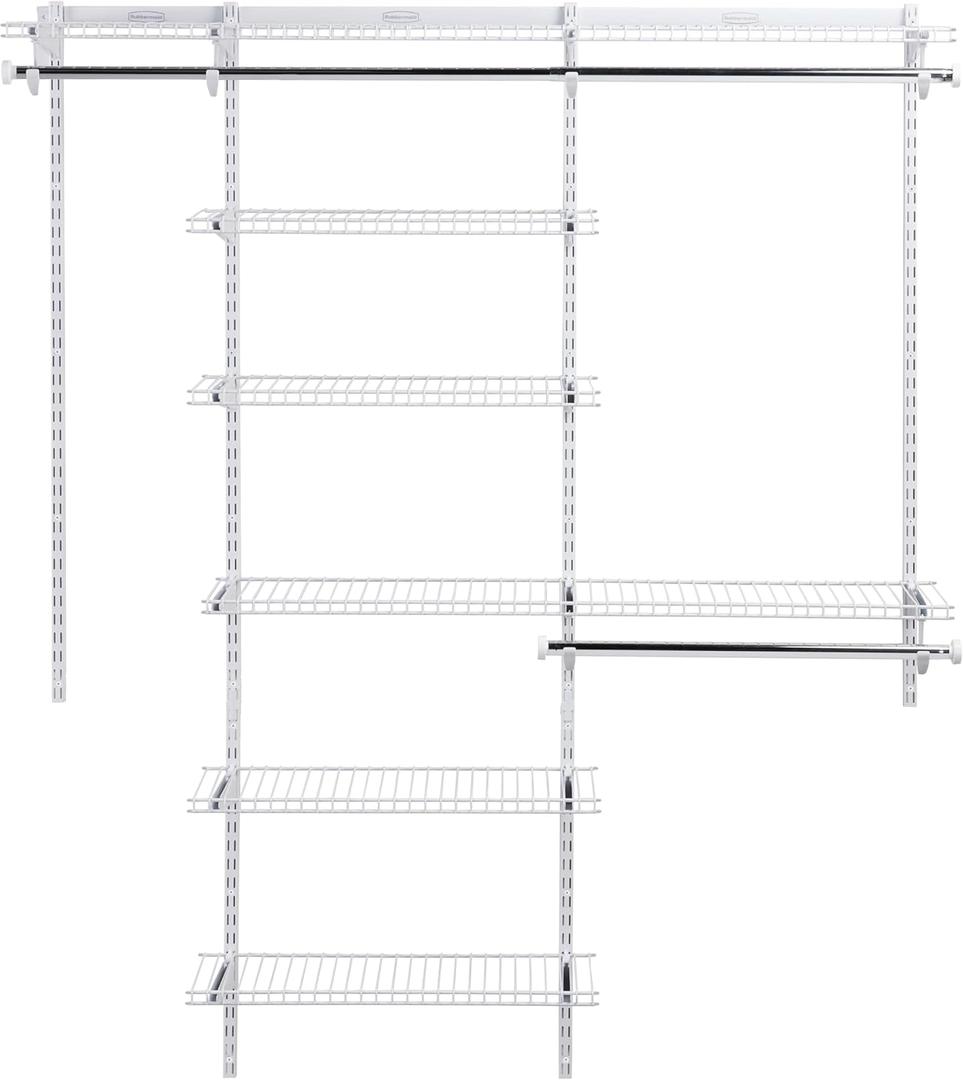 Rubbermaid Configurations Deluxe Custom Closet Kit 3-6 Ft. Adjustable Metal Wire Shelving White Finish Expandable Organization System Hardware Included for Home Closet/Pantry/Laundry/Mudroom