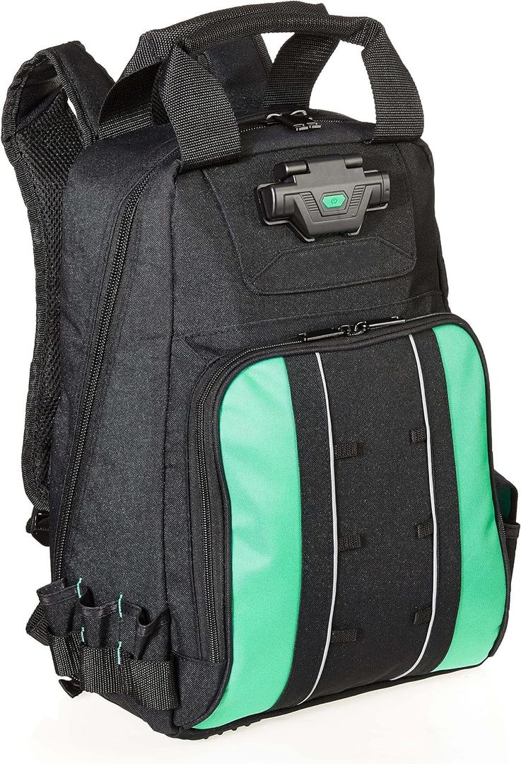 Amazon Basics Tool Backpack with LED Light, 55 Pockets, Padded Shoulder Straps, Tool Storage Bag, Black