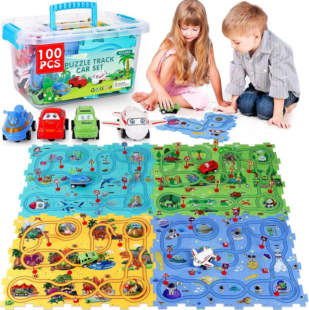 VESPRO 100PCS Kids Car Track Set - 4 Series Toddler Puzzle Racer Play Set, Educational Toys for Boys and Girls Ages 3+