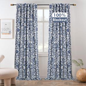 DriftAway Julia Watercolor Blackout Room Darkening Lined Thermal Insulated Energy Saving Window Curtains 2 Layers 2 Panels Each Size 52 Inch by 84 Inch Navy Blue Beige Linen