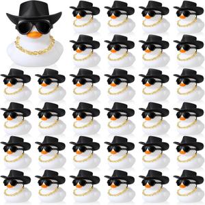 Sotiff 48 Sets Rubber Duck Squeaky Duck Party Duckies Car Dashboard Decorations with Mini Necklace Hat and Sunglasses for Shower Birthday Swimming Party(White)