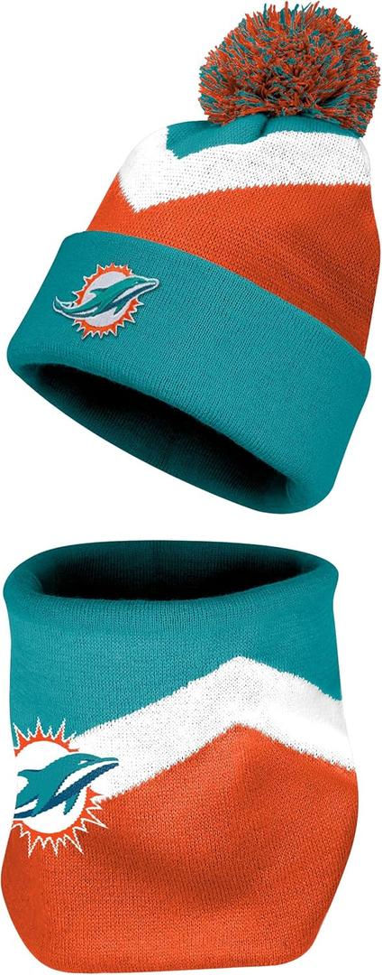 FOCO NFL Unisex-Adult Officially Licensed Primary Logo Team Color 2 Pack Neck Warmer Gaiter and Cuffed Knit Beanie Hat Set (One Size, Miami Dolphins)