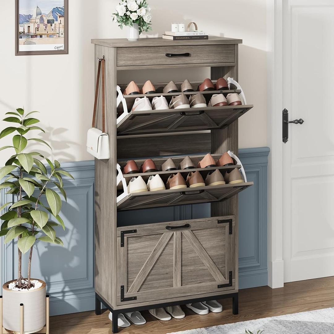 Shoe Cabinet Storage 3 Flip Drawers & Top Slide Drawers for Entryway, Freestanding Slim Shoe Storage Cabinet, Farmhouse Narrow Shoe Organizer Rack Cabinet, Grey