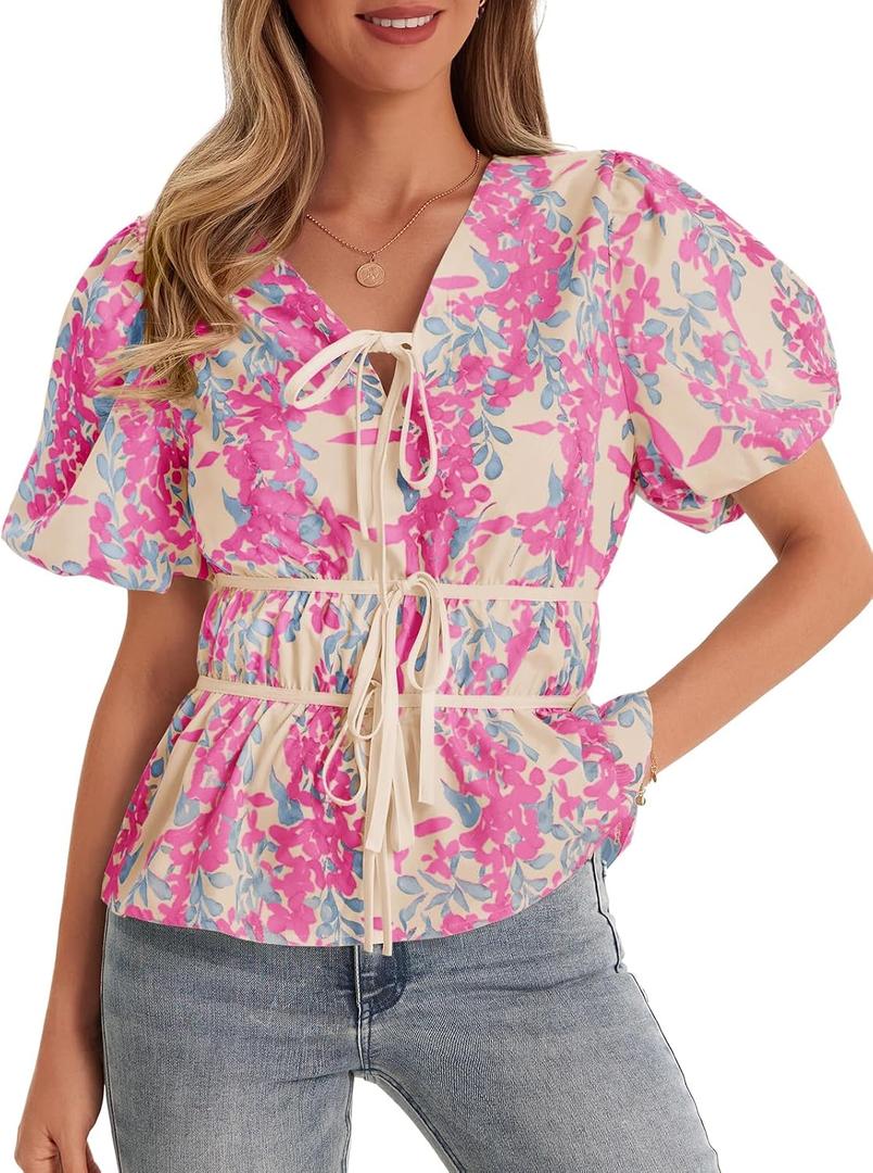 Cicy Bell Summer Babydoll Peplum Tops V Neck Puff Sleeve Bow Floral Shirts (L)
