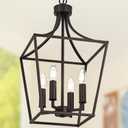 4-Light Farmhouse Lantern Chandelier, Height Adjustable Pendant Light Fixture Hanging Kitchen Lighting for Foyer Dining Room Over Table, E12 Bulb Base & Oil Rubbed Bronze