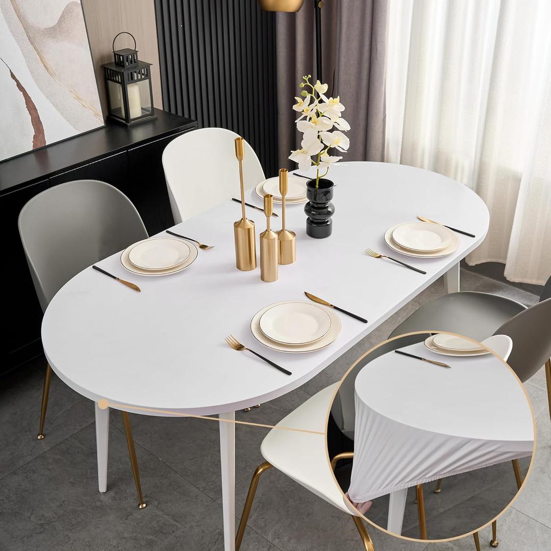 Fitted White Oval Tablecloth with Elastic 48x68 Inch Outdoor Table Cover Spandex Stretchy Solid Color Fabric Dining Table Cloth for Party Wrinkle Free Non Slip