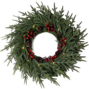 24" Christmas Wreath - Christmas Wreaths for Front Door - Christmas Decorations - Real Touch Norfolk Pine Wreath for Indoor Outdoor Wall Window Porch - Cedar Reef Garland - Free LED String Lights