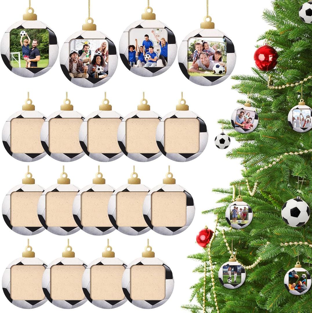 20 Pcs Soccer Sports Ornaments for Christmas Tree Decorations Wooden Christmas Picture Frames Xmas Photo Ornament Gifts for Sports Player Team Keepsake Party Favors