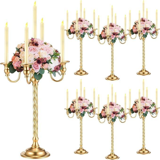 Tanlade 6 Pack Gold Candelabra Centerpieces, 21 Inch 5 Arm Candle Holders
Tall Metal Candelabras for Wedding Tables, Reception, Taper Candlestick Holders Banquet Decor, Anniversary Birthday Party