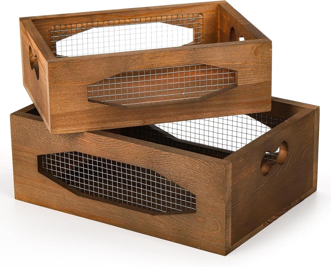Okllen Set of 2 Wooden Nesting Countertop Baskets, Decorative Wood Storage Box Farmhouse Rustic Crate with Cutout Handles for Bread, Fruit, Vegetables, Kitchen, Bathroom, Pantry Supplies, Brown
