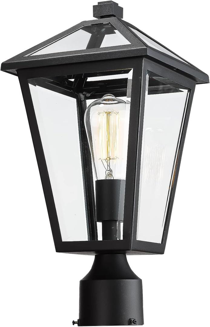 Outdoor Post Lights Fixtures, Lamp Post Light Fixture Black Finish, Waterproof and Anti-Rust Aluminum Pillar Outside Lighting for Walkway, Driveway, Patio, Porch,Medium Size (Matte Black-Clear Glass)