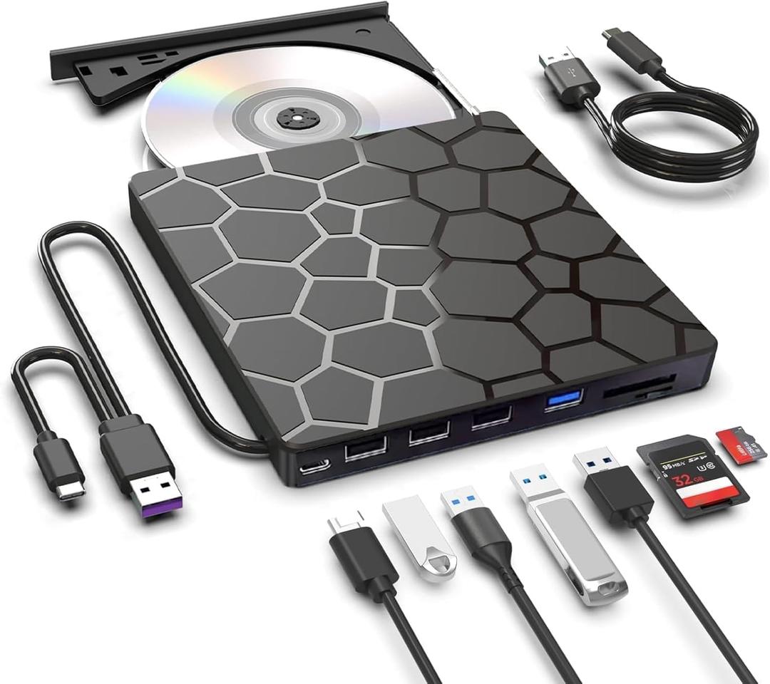 8 in 1 External CD/DVD Drive,USB 3.0 and Type-C Disc Burner Player Reader Writer,Slim and Portable CD DVD +/-RW Optical Drive for PC Laptop Desktop MacBook Mac Windows Linux OS Apple