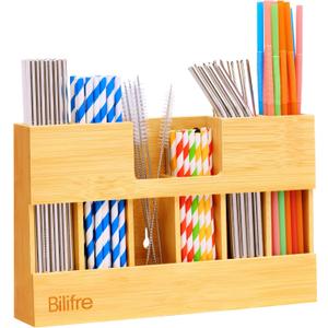 Bamboo Straw Holder Organizer for Cabinet Door, 10.8" Magnetic Straw Organizer with 6 Compartments for Long & Short Reusable Straws, Fridge, Counter & Wall Mount