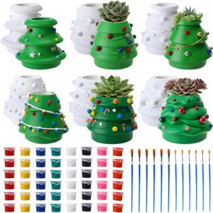 Vesici 6 Sets Christmas Paint Your Own Succulent Planter Ceramic Mini Unpainted Flower Pots Xmas Trees DIY Paintable Bisque Gift for Winter Holiday Craft Project Activity Party Favor