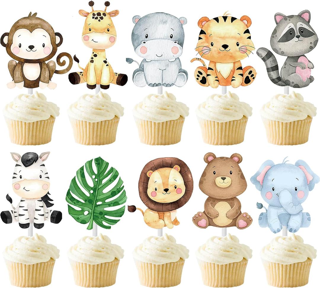 24pcs Jungle Animals Cupcake Toppers Decorations - Safari Theme Party Supplies for Zoo Wild Animal Birthday, Baby Shower