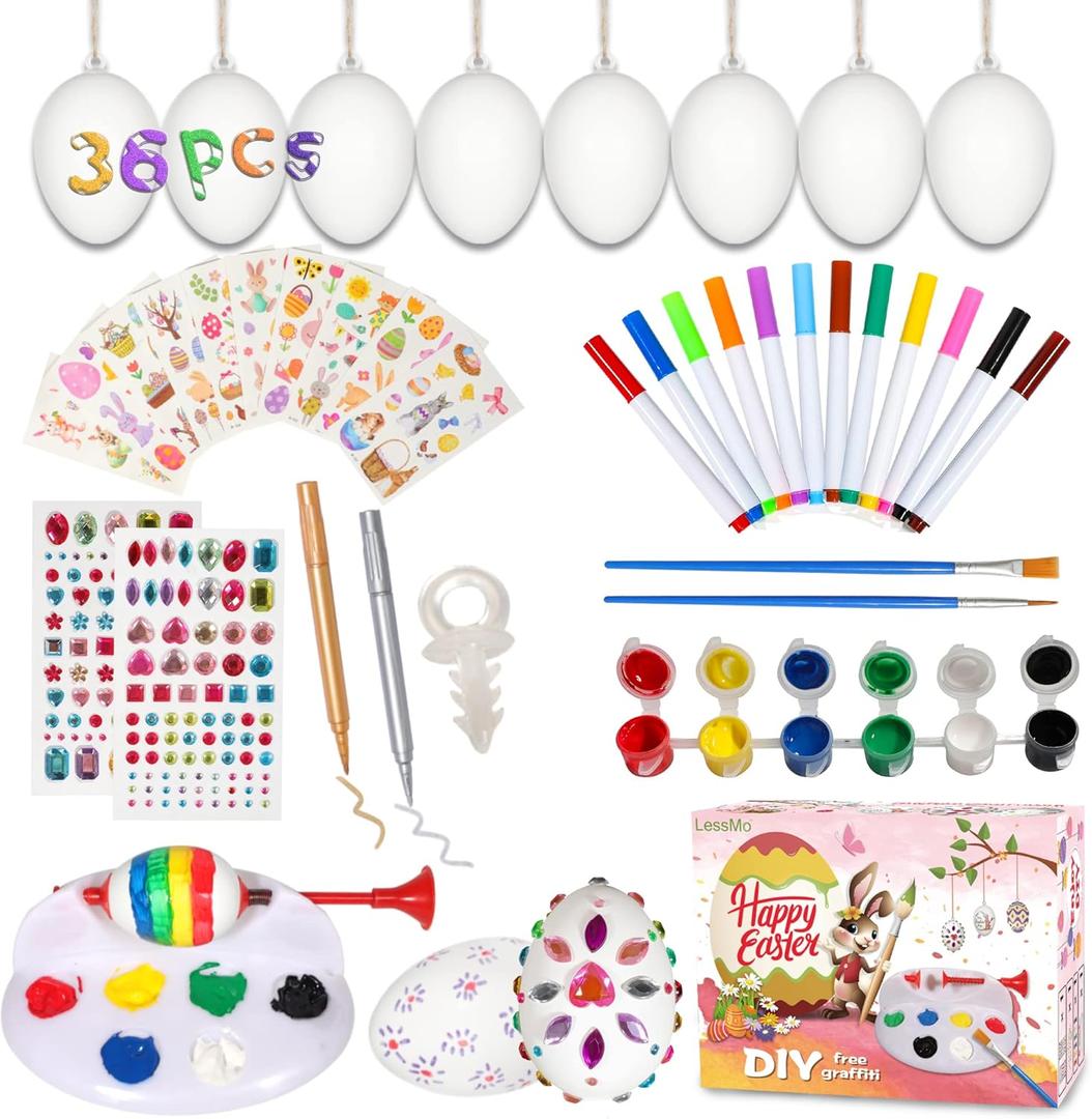 LessMo Easter Egg Decorating Kit, 36Pcs White Plastic Eggs with Dye Kit, Easter Tree Ornaments, Stickers for Kids, Hanging Plastic Eggs with Rope for Easter Decoration, Easter Egg Hunts