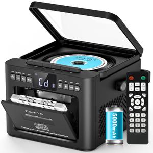 Greadio Boombox CD and Cassette Player Combo, 5000mAh Rechargable CD Player Boombox with Bluetooth Receive/Transmit/FM Radio/USB/TF/AUX/Remote Control, Boom Box Cassette Player for Home Outdoor (Black)