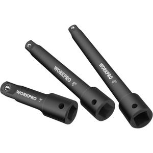 WORKPRO 1/2" Drive Impact Extension Bar Set, 3 PCS Socket Extensions, 3, 6 and 8 Length, Premium Chrome Vanadium Steel with Black Phosphate Finish, Storage Tray Included, 6''