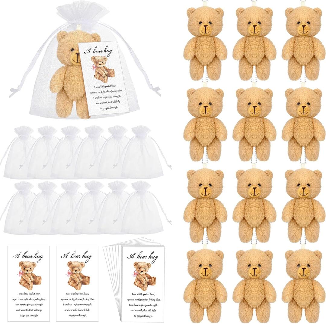 Zhanmai 12 Sets 4.7 Inch Mini Plush Smile Pocket Bears Gifts Bear Baby Shower Favors with Card Organza Bags for Christmas Funeral Memorial Halloween Birthday Party Favors