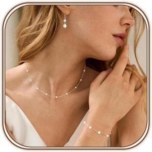 RMOYI Silver Jewelry Set for Women Dainty Silver Pearl Necklace and Earring Set Long Pearl Drop Earrings Pearls Bracelets Pearls Choker Necklace Wedding Jewelry for Women