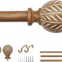 Wood Curtain Rod for Windows 32 to 45 Adjustable Heavy Duty Curtain Rod with Imitation Wood Grain Leaf Pattern Finials, Boho Single Curtain Rod for Living Room, Bedroom, Kitchen, Farmhouse