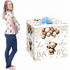 AmazingSpark 28in Giant Gender Reveal Gift Box with Lid Kit Oversized Gender Reveal Balloon Box Large Pull Bows for Baby Shower Birthday Party Decor(Neutral Bear), 1 Count