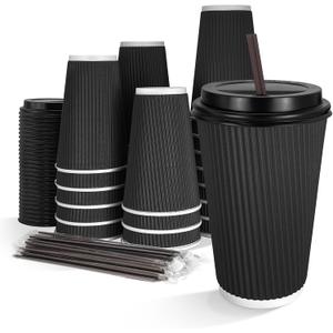 16 oz Disposable Coffee Cups with Lids 50 Pack, Compostable Paper Cups with Lids and Straws, 3-Layer Insulated Corrugated To Go Cups for Hot & Cold Drinks, Home Office Travel (Black)