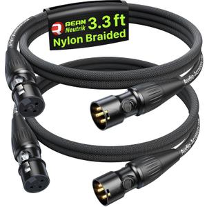 Short XLR Cables 3.3ft 2 Pack, Gold Plated 3-Pin Connectors from Rean-Neutrik Sub Brand, Kevlar-Reinforced Nylon Braided & OFC Shielded XLR Male to Female Balanced Microphone Cord for Mixer, Amp, DAC