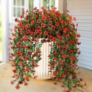 ZFProcess Artificial Hanging Flowers for Outdoors, 2 Pcs Fake Hanging Plant Spring Summer Decor, UV Resistant No Fade Realistic Faux Flower for Front Door Porch Planter Patio Garden Yard(Red Brown)