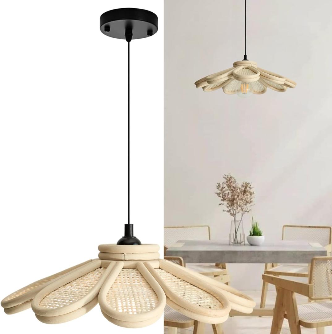 Natural Rattan Pendant Light, Boho Petal Hanging Light Fixture, Ideal for Kitchen, Entryway, Dining Room, Bedroom, Living Room, Easy Assembly (Small)