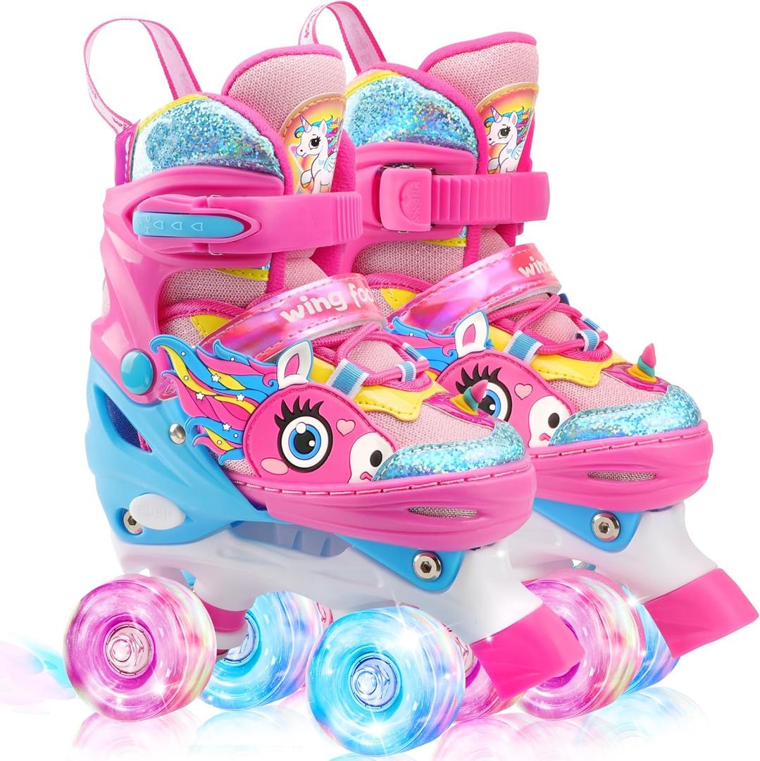 Dino Kids Toddler Roller Skates for Boys Girls,WESKIFAN Dinosaur Quad Skating Shoes with Shiny Light up Wheels&Adjustable Sizes Beginners rollerskates for Birthday Xmas Gifts (Medium-BigKid(13.5C~4Y), Pink)