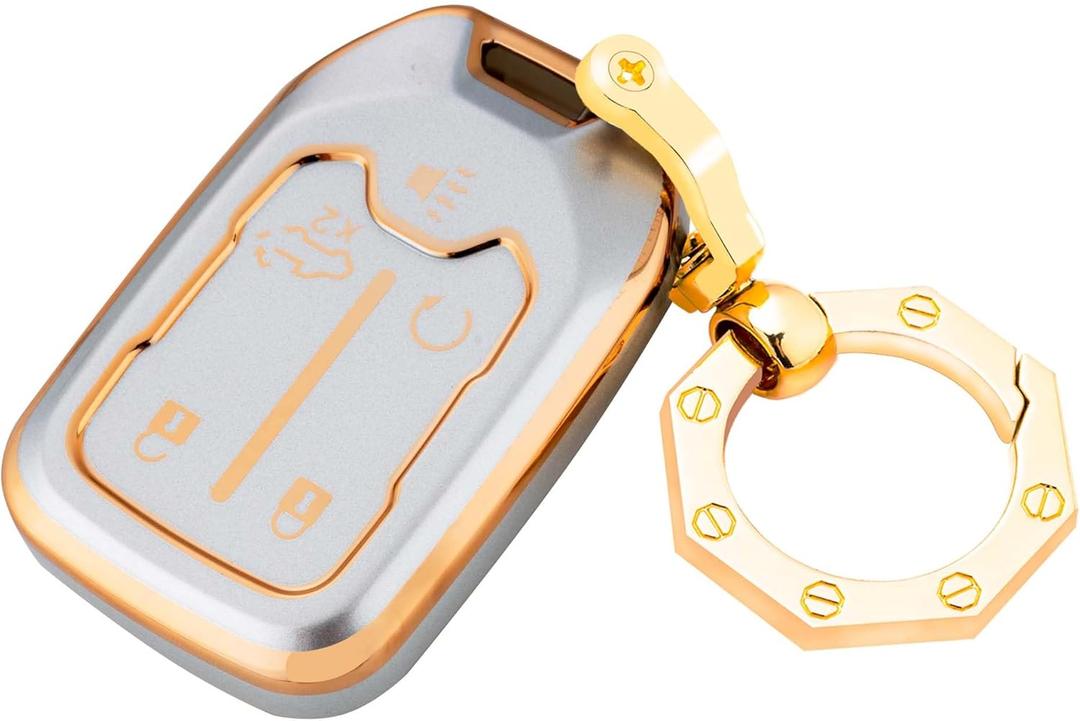 for GMC Key Fob Cover Car Key Case Shell with Fashion Keychain fit Acadia Terrain Yukon for Suburban Tahoe (5-Silver)