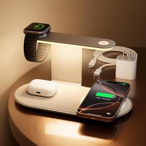 GUSGU 3 in 1 Charging Station with Three-Level Night Light, 15W Max Fast Charging, Wireless Charger for iPhone 15/14/13/12, iWatch S1-8/Ultra, AirPods (30W USB-C Charger Included), White