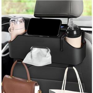 Car Seat Back Organizer with 2 Drink Cup Holder, Headrest Rear Seat Storage Organizer with Tissue Box and Hook, Multi-Functional Backseat Hanging Storage Box for Kids Travel (Black)