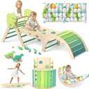 Pikler Triangle Set with Cushion 9 in 1 Climbing Toys for Toddlers 1-3 Indoor Baby Climbing Gym Toddler Montessori Toys Wooden Toy with Maze Toy, Shape Sorter, Dinosaur Car (Green)