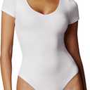 IUGA Bodysuits for Women Tummy Control Body Suits for Womens Compression Slimming Thong Bodysuit V Neck (Medium, White)