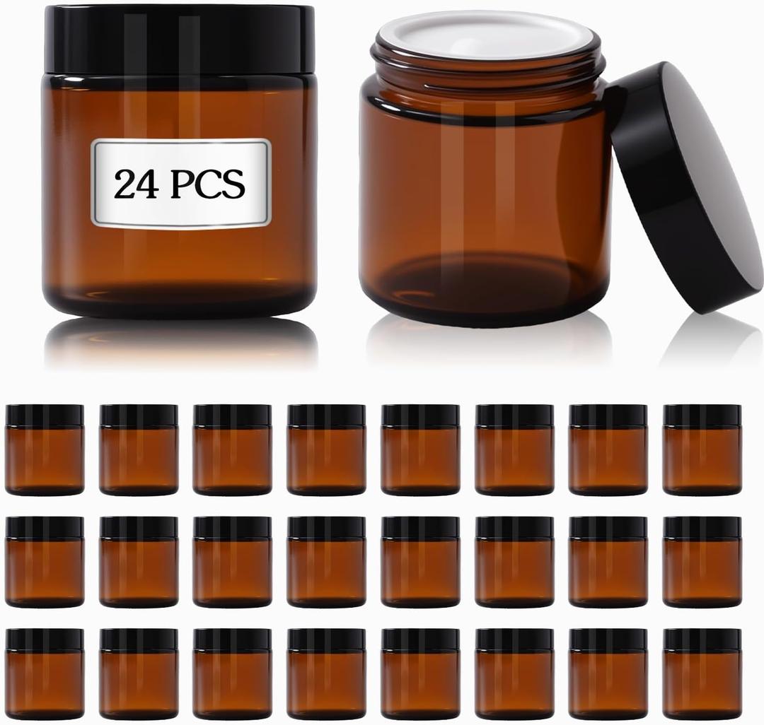 4 oz Amber Glass Jars with Lids,24 Pack 4oz Small Glass Jars with Inner Liners,4 Ounce Travel Jars for Cream,Lotion