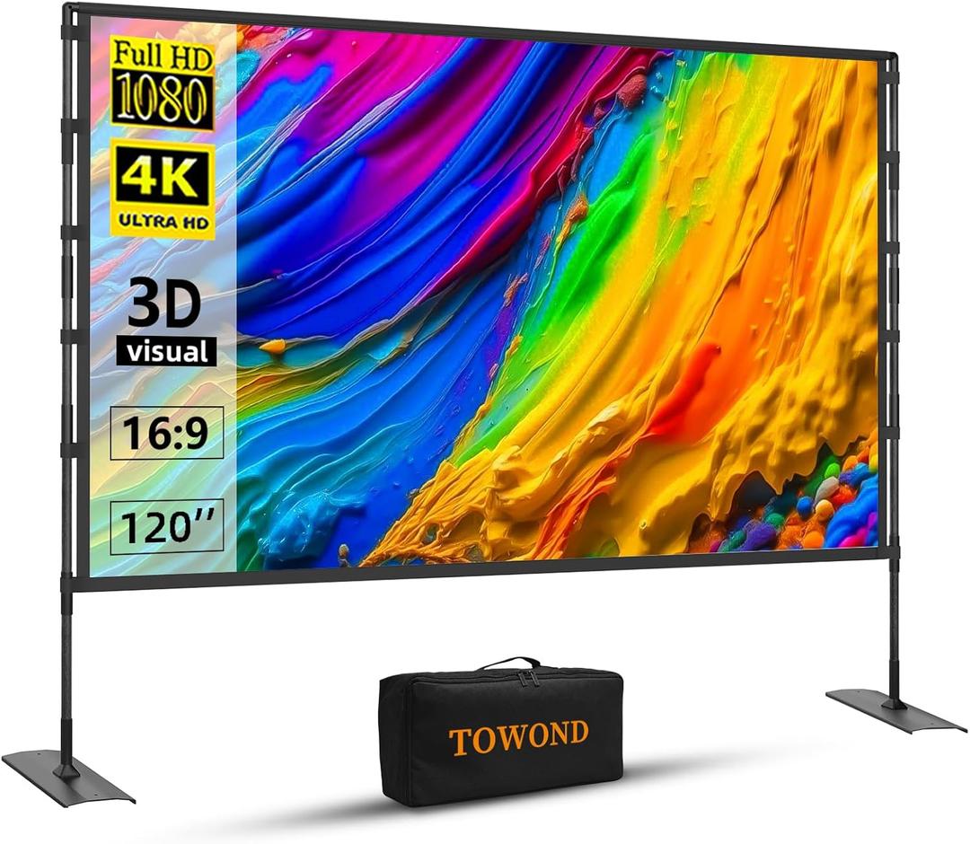 Projector Screen and Stand, Towond 120 inch Outdoor Projector Screen Indoor, Portable Movie Screen 16:9 4K Front Rear Projection Screen with Carry Bag Wrinkle-Free Design for Home Backyard Theater