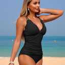 ZAFUL Womens Tankini Swimsuits Smocked 2 Piece Bathing Suits Modest Tie Back Swimwear (Black, S)