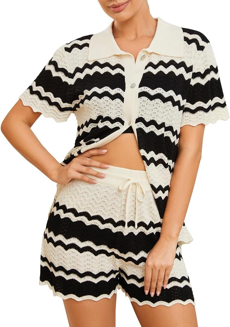 Moreone 2 Piece Lounge Set Women Short Sleeve Striped Crochet Knit Sets Two Piece Button Up Pajamas with Drawstring Shorts (Green, M) Moreone 2 Piece Lounge Set Women Short Sleeve Striped Crochet Knit Sets Two Piece Button Up Pajamas with Drawstring Shorts (Green, M)