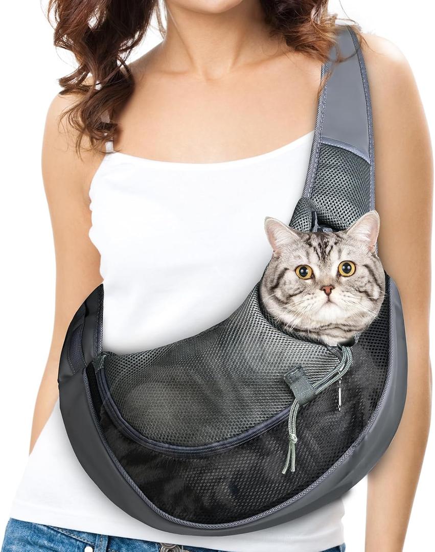 Cat Sling Carrier, Soft Cat Carrier Pouch for Cats Under 11 lbs with Adjustable Strap, Breathable Mesh Cat Bag for Nail Trimming Vet Visits Car Travel Outdoor (Dark Gray)