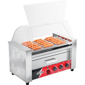 CROSSON Hot Dog 7 Roller with Bun Warmer&Transparent Sneeze Guard,Commercial 7 Nonstick 304 Roller Grill Cooker Machine