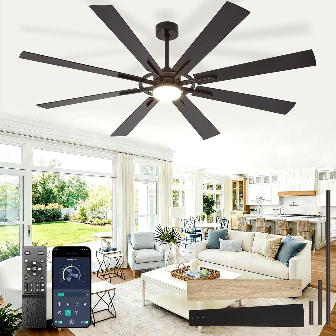 Large Ceiling Fans with Lights: Modern 72 Inch 8 Blade Outdoor Ceiling Fan with Remote APP Control - Dimmable Black Big Fan light Indoor Reversible 6 Speed Quiet DC Motor