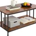 SENIG Small Coffee Table for Living Room with Slatted Sides Frame 39 Inch | Brown Oak Industrial Wood and Metal Center Table With 2-Tier Storage Shelf for Home Office Kitchen, 39.4" L x 21.7" W