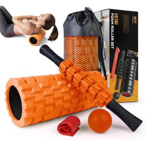 5 in 1 Foam Roller Set for Deep Tissue Muscle Massage, Trigger Point Fitness Exercise Foam Roller, Massage Roller, Massage Ball, Stretching Strap, for Whole Body(Orange-Black)