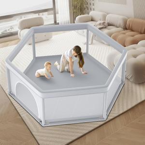 Baby Playpen, 65x65 Inch Hexagonal PlayPens for Babies and Toddlers, Play Pen for Indoor & Outdoor, Sturdy Safety Baby Play Yard with Soft Breathable Mesh