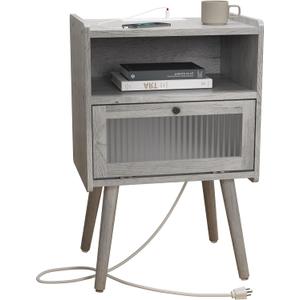 Mid Century Modern Nightstand with Charging Station, Bedside Tables with Glass Door, End Table Side Table with 2 Tiers Storage Space, for Bedroom, Living Room, Light Grey
