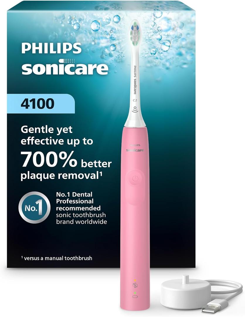 Philips Sonicare 4100 Series Electric Toothbrush - Sonic Toothbrush with Advanced Sonic Technology, Pressure Sensor, Two Intensity Settings, Smartimer & Quadpacer, Deep Pink, Model HX3681/26